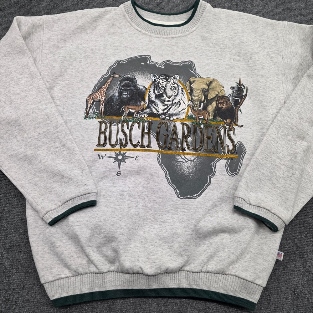 Vintage Busch Gardens Sweatshirt Mens Grey Graphic Pullover Safari Animals USA
